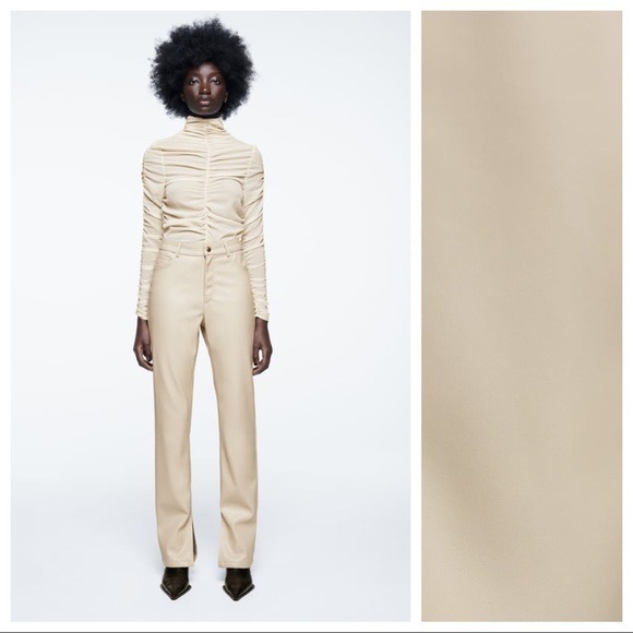 NWOT Zara Cream Faux Leather Slim Flare High-waist Trousers. Size 4
