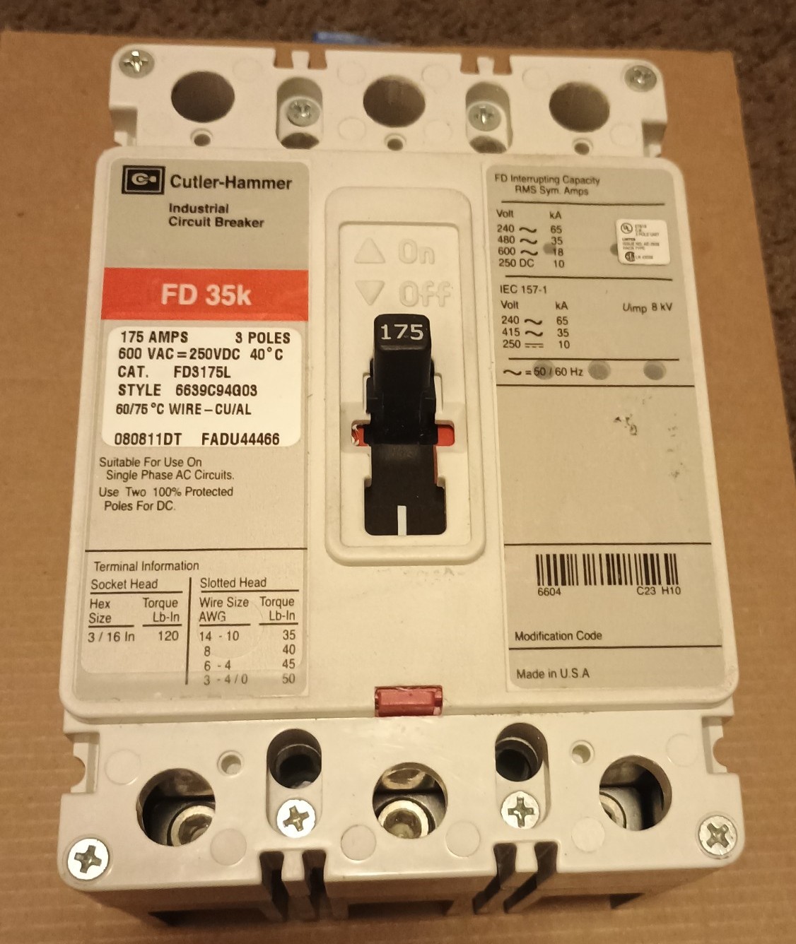 Cutler-Hammer Industrial Circuit breaker FD 35K 175 amps 3 poles