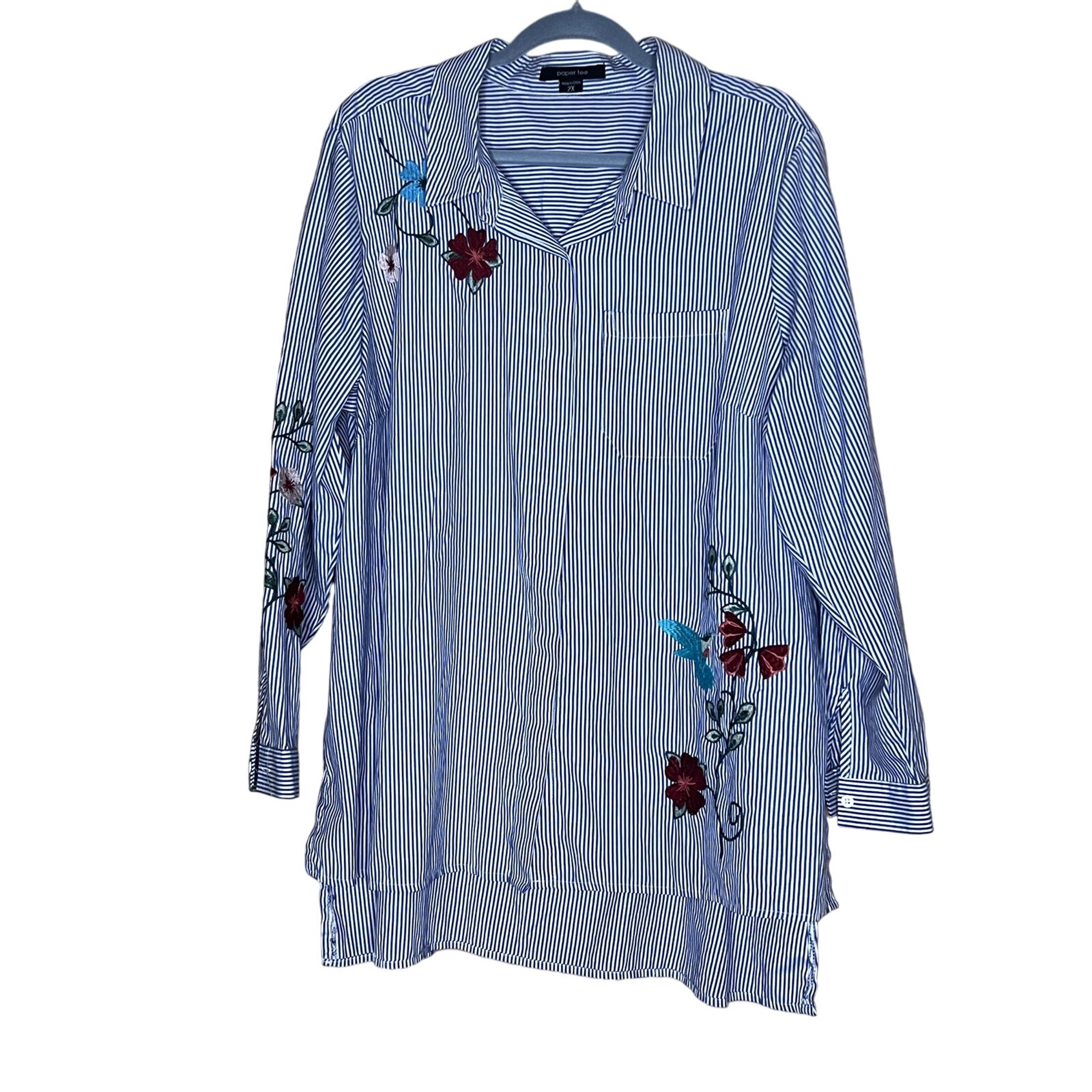Paper Tee womens size 2X shirt button-up embroidery humming bird  blue/white