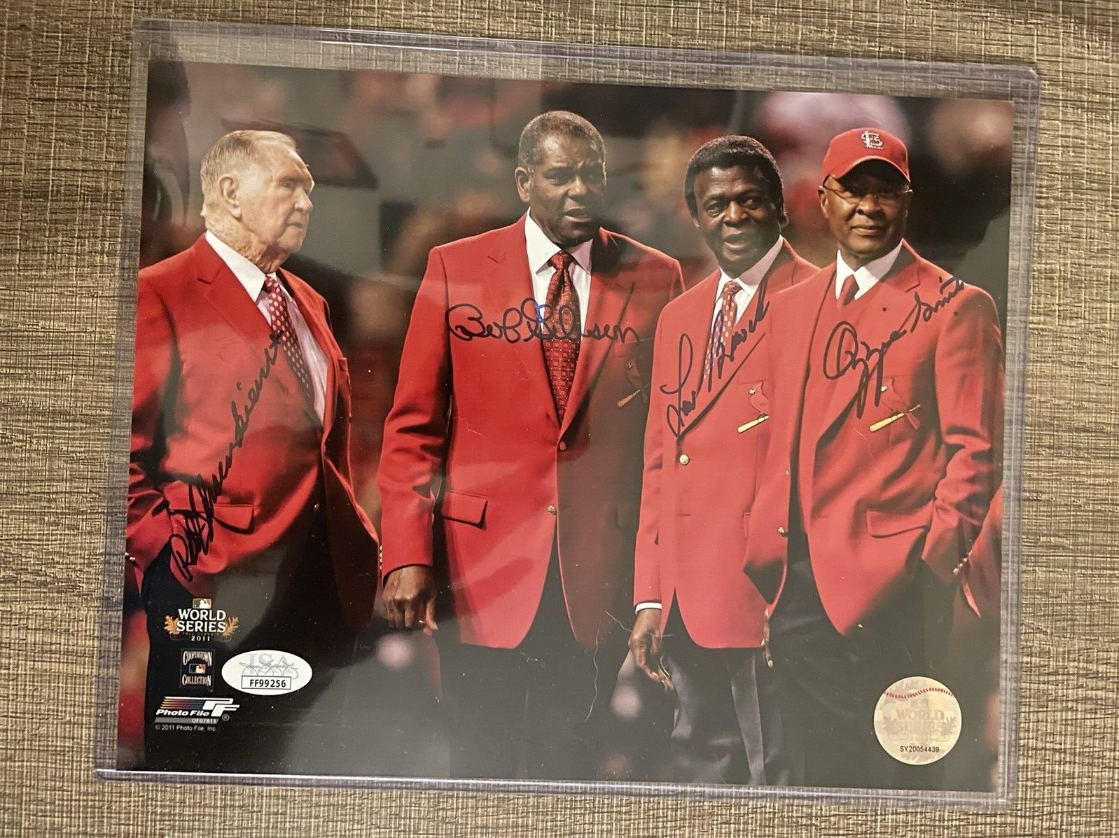 St. Louis Cardinals Red Jackets Signed 8x10 Photo 4 HOFs Gibson Brock +2 JSA COA
