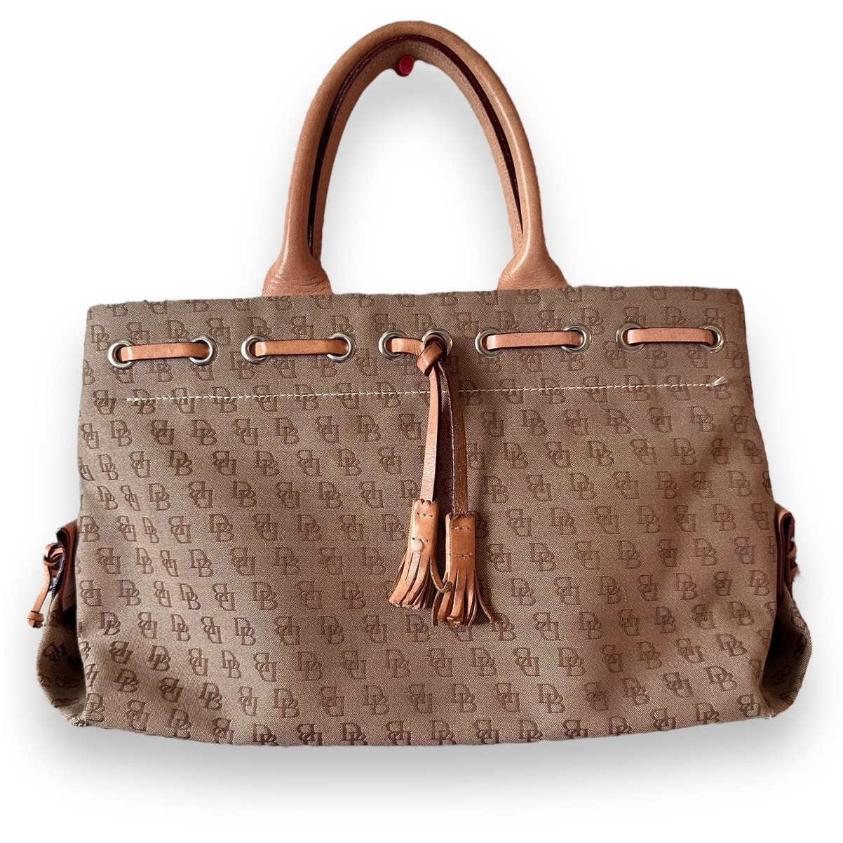 Dooney & Bourke Canvas Leather Monogram Shoulder Handbag Beige Tassel Snap