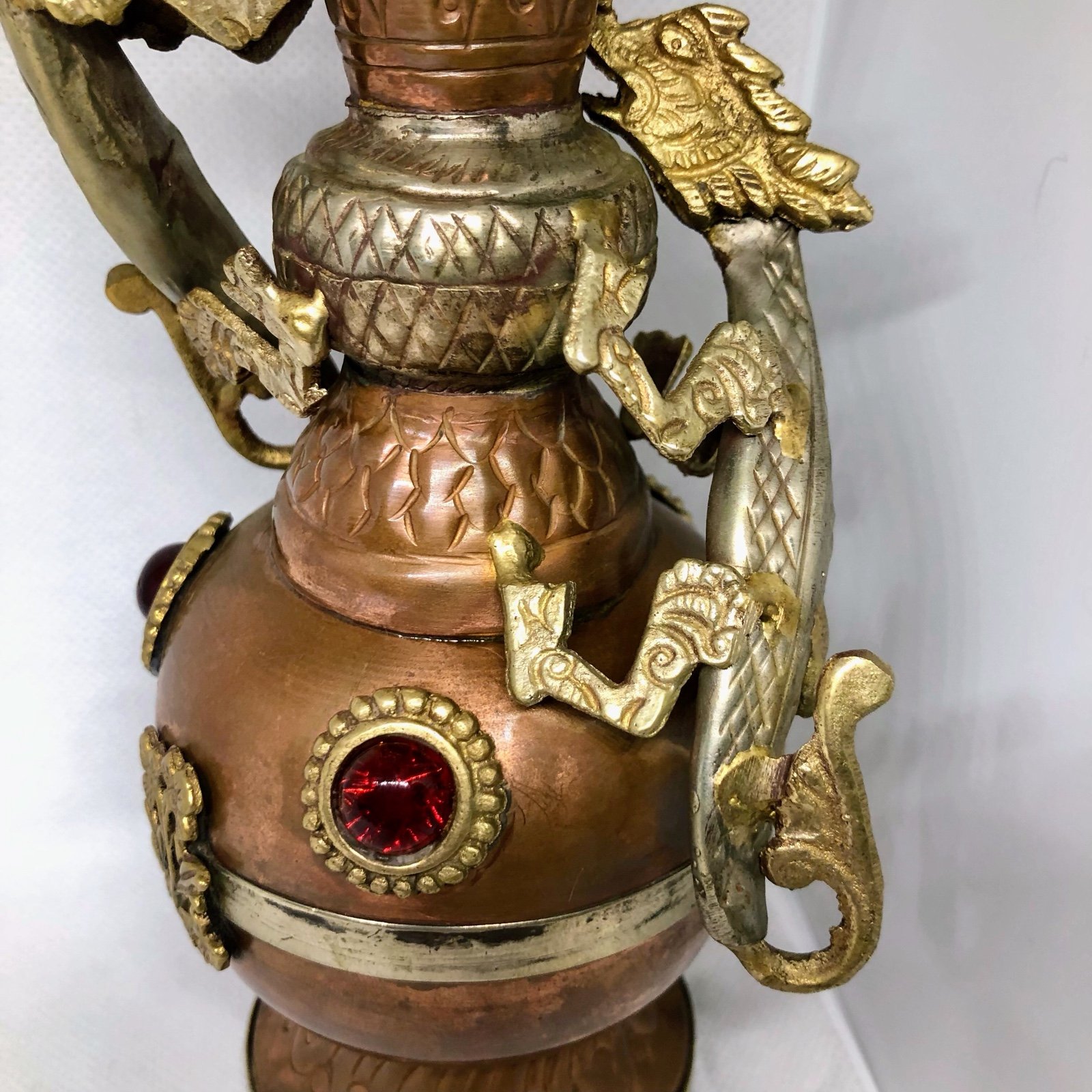 Antique Circa. 1900 Hammered Copper Vase w/ Brass Dragons and Details