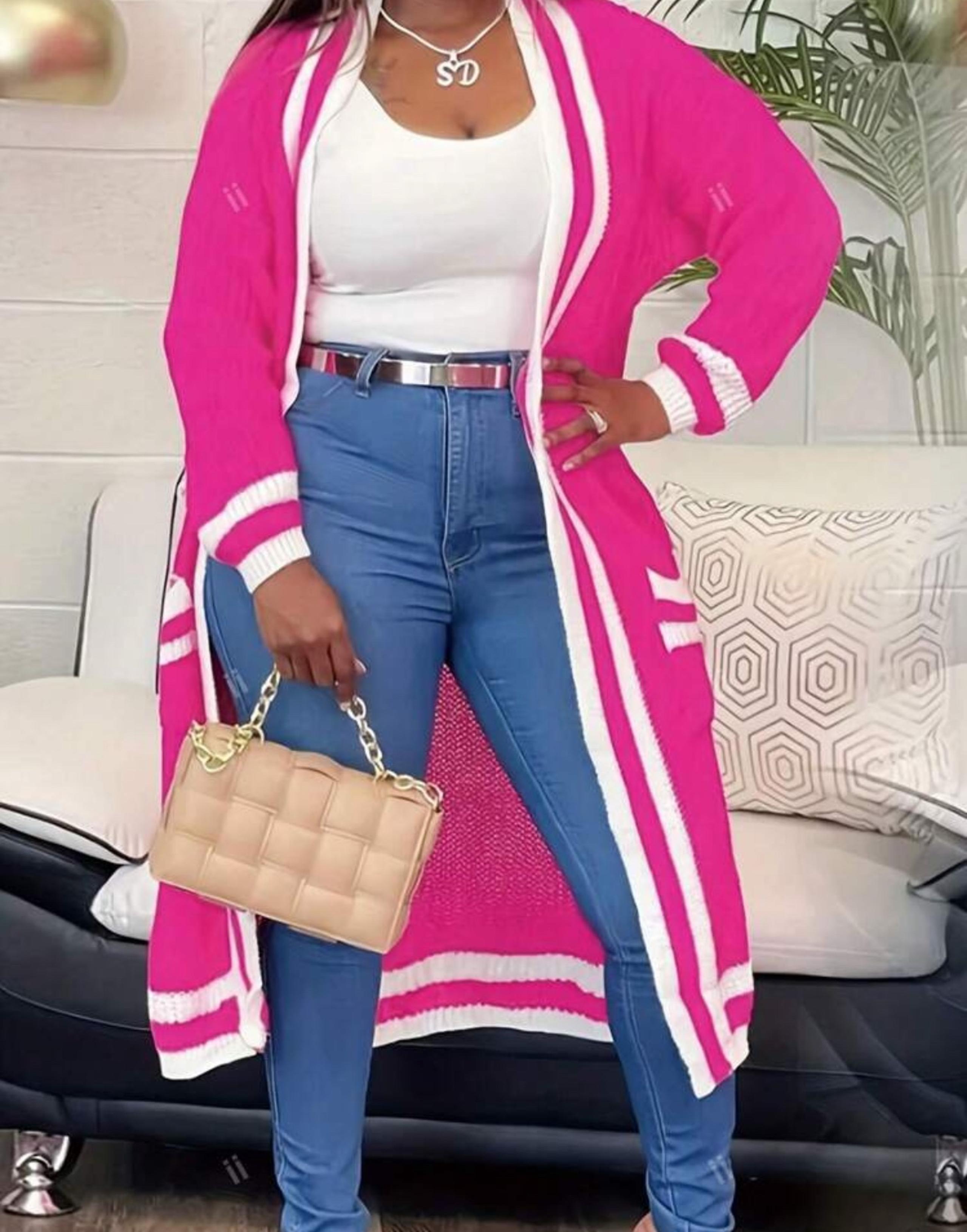 Hot Pink Color Block Striped Long Cardigan