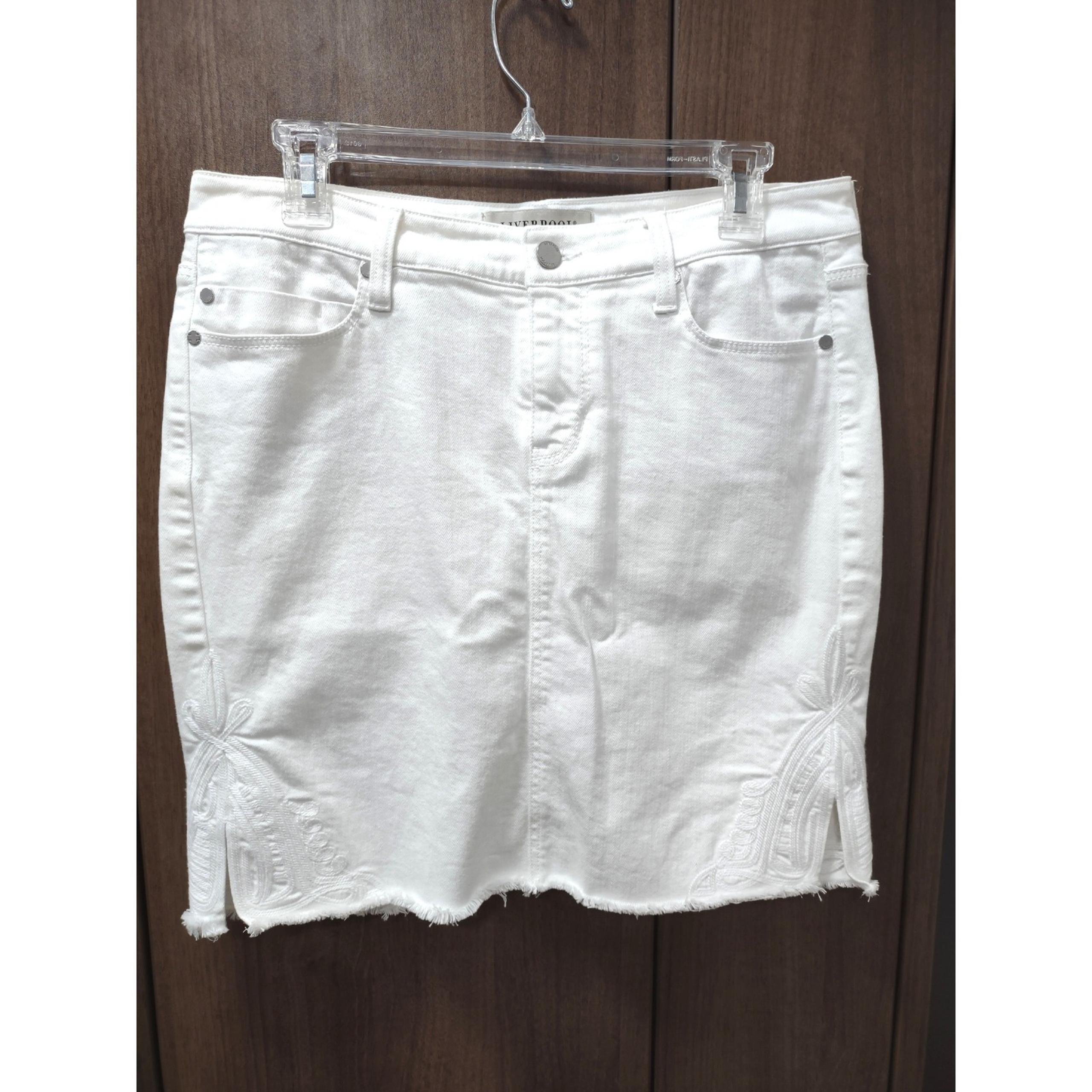 Liverpool White Denim Skirt Embroidered Raw Hem Mini Waist 33
