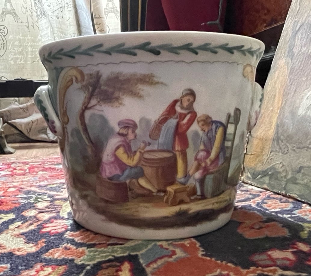 French Antique Tin Earthenware Faience Vase Bucket Lille 1767 Romantic Flowers