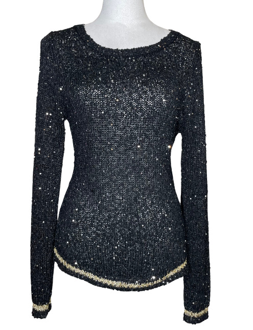 Anthropologie Paper Crane Black Gold Shimmer Semi Sheer Sweater Cut out Hearts M
