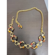 Vintage Chain Belt Gold Tone Lucite Bead Accent Earth Tones 37 inch Adjustable