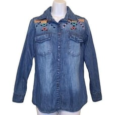 Raga Women Tops, RARE Tribal Print Embroidered Denim Button Down Shirt, Sz XS