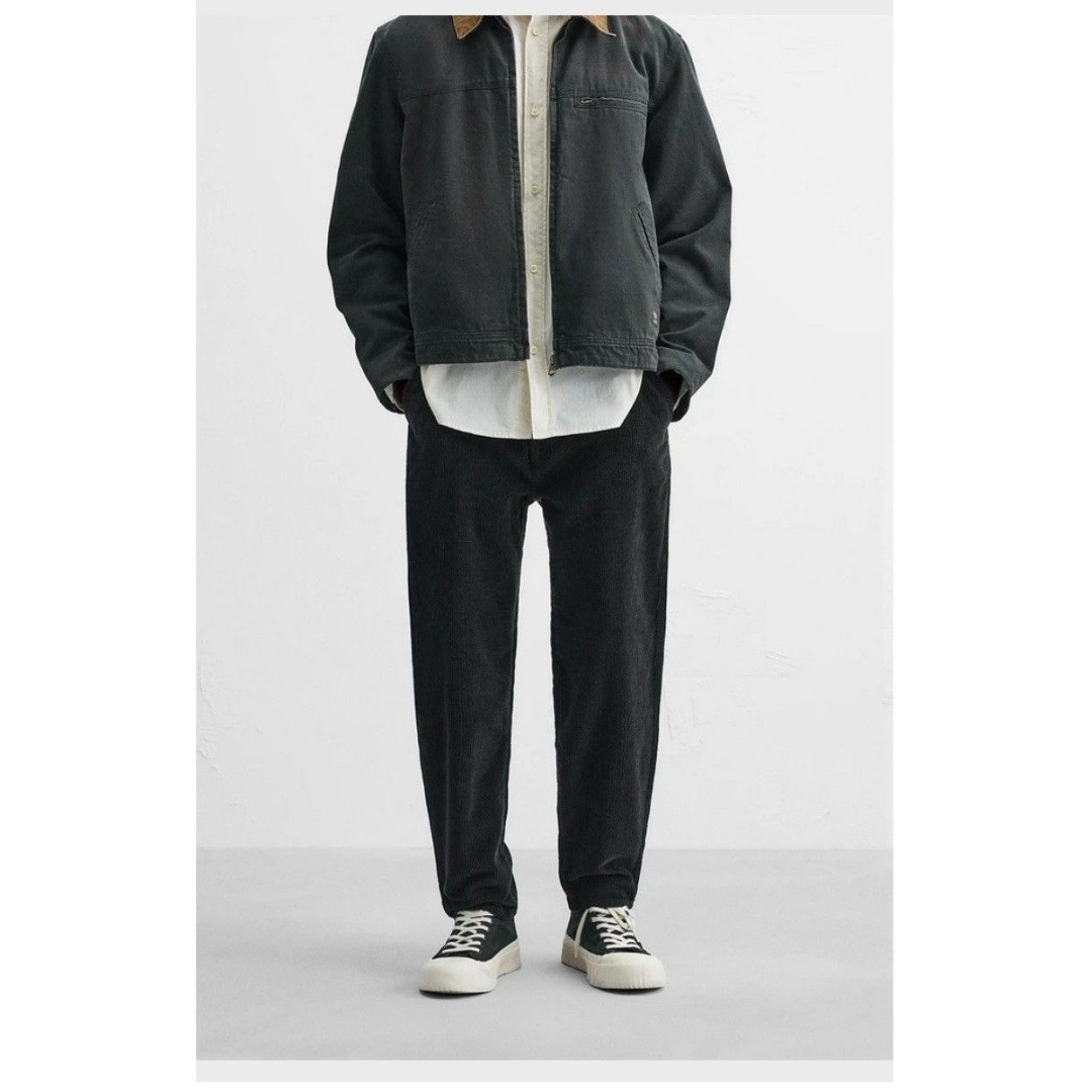 Zara Mens Corduroy Tapered Pants Men's 34 Black Relaxed Normcore Basic Classic