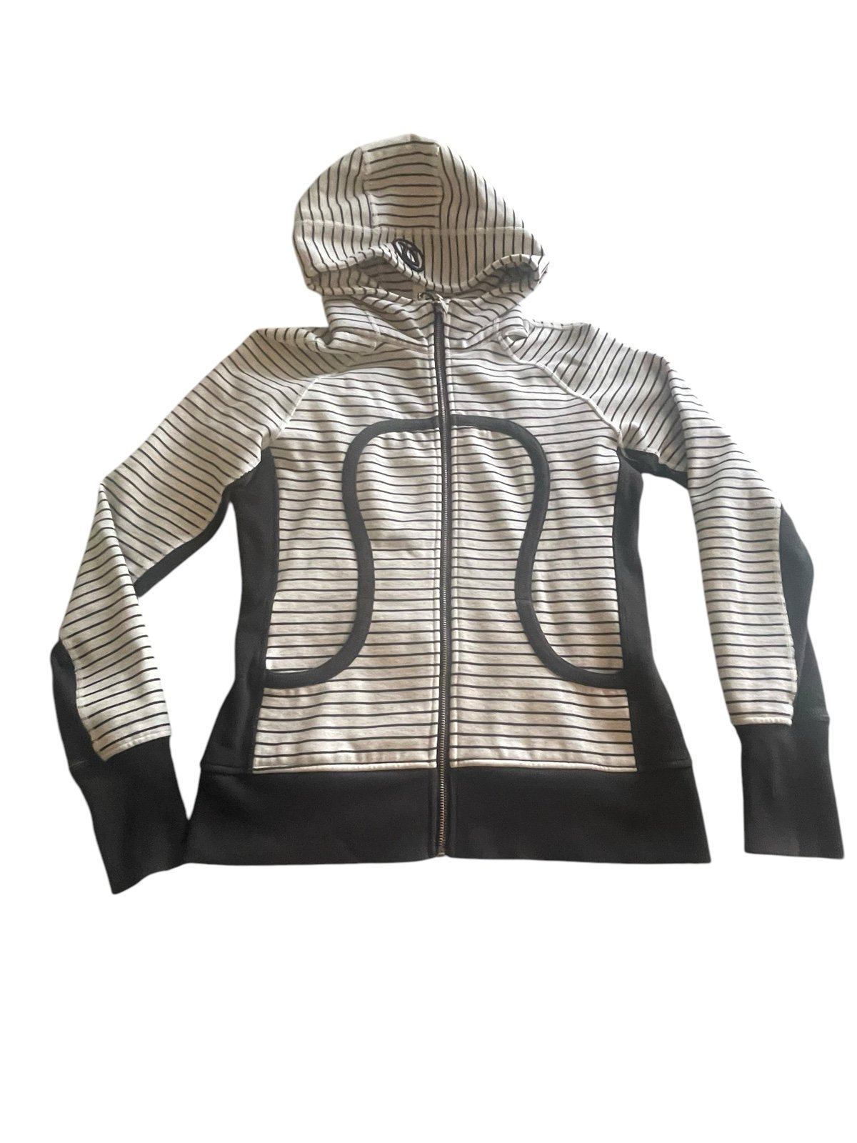 Lululemon Women’s 10 READ! Jacket Scuba Hoodie Black White Striped Zip Pockets