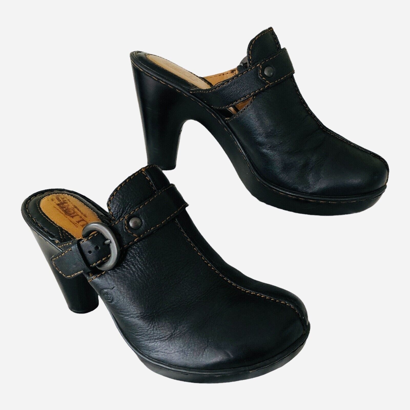 Born Black Leather Slip On Mule Clog Comfort Heel Shoes Women 8
