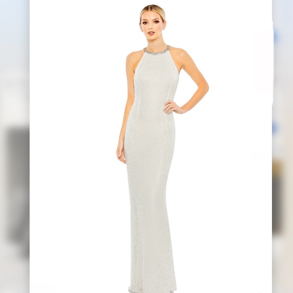 Mac Duggal White Beaded Sleeveless High Neck Column Dress Gown Size 8 BB