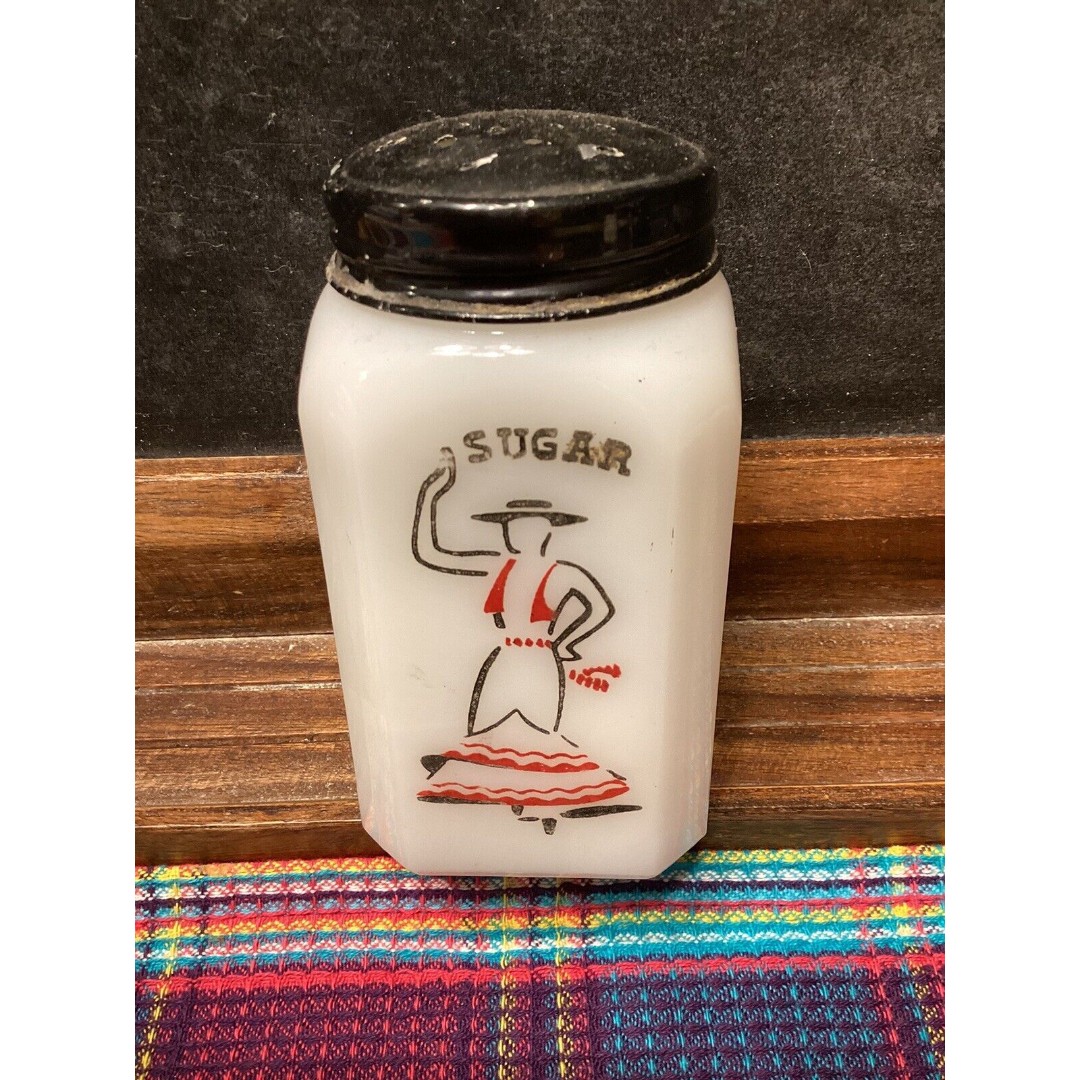 Single Milk Glass Sugar Glass Shaker With Dancing Mexican Girl Red Black Design