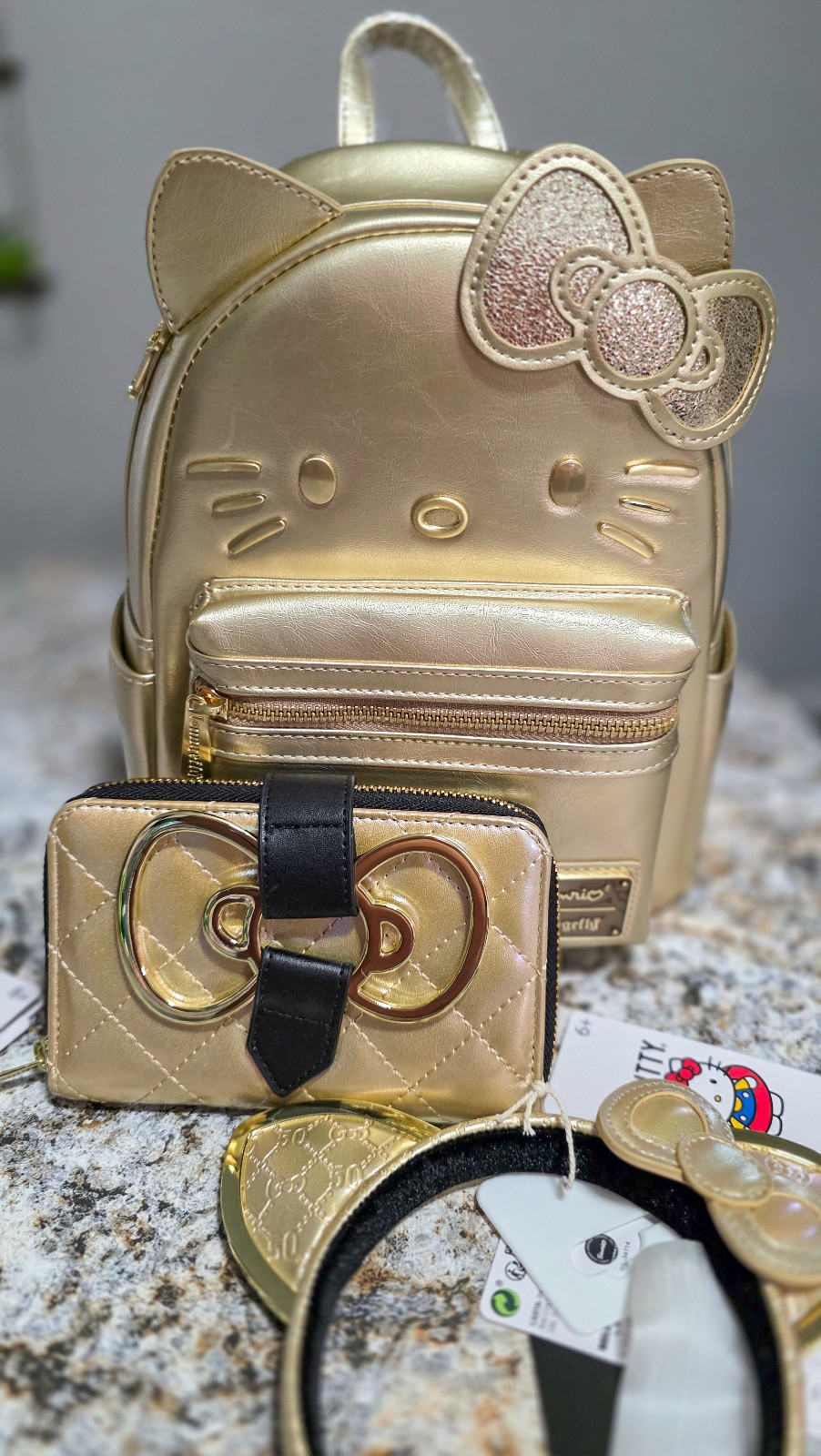 Sanrio Hello Kitty 50th Anniversary Gold Mini Backpack, wallet,  and ears