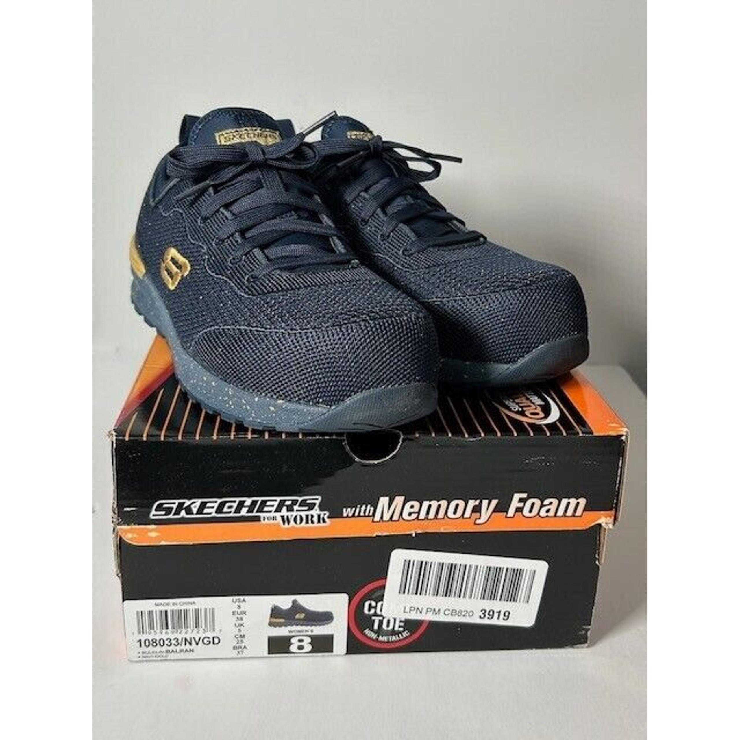 NWB Skechers Womens Bulkin-Balran Comp Toe Work Shoes Sneakers Navy Gold Size 8
