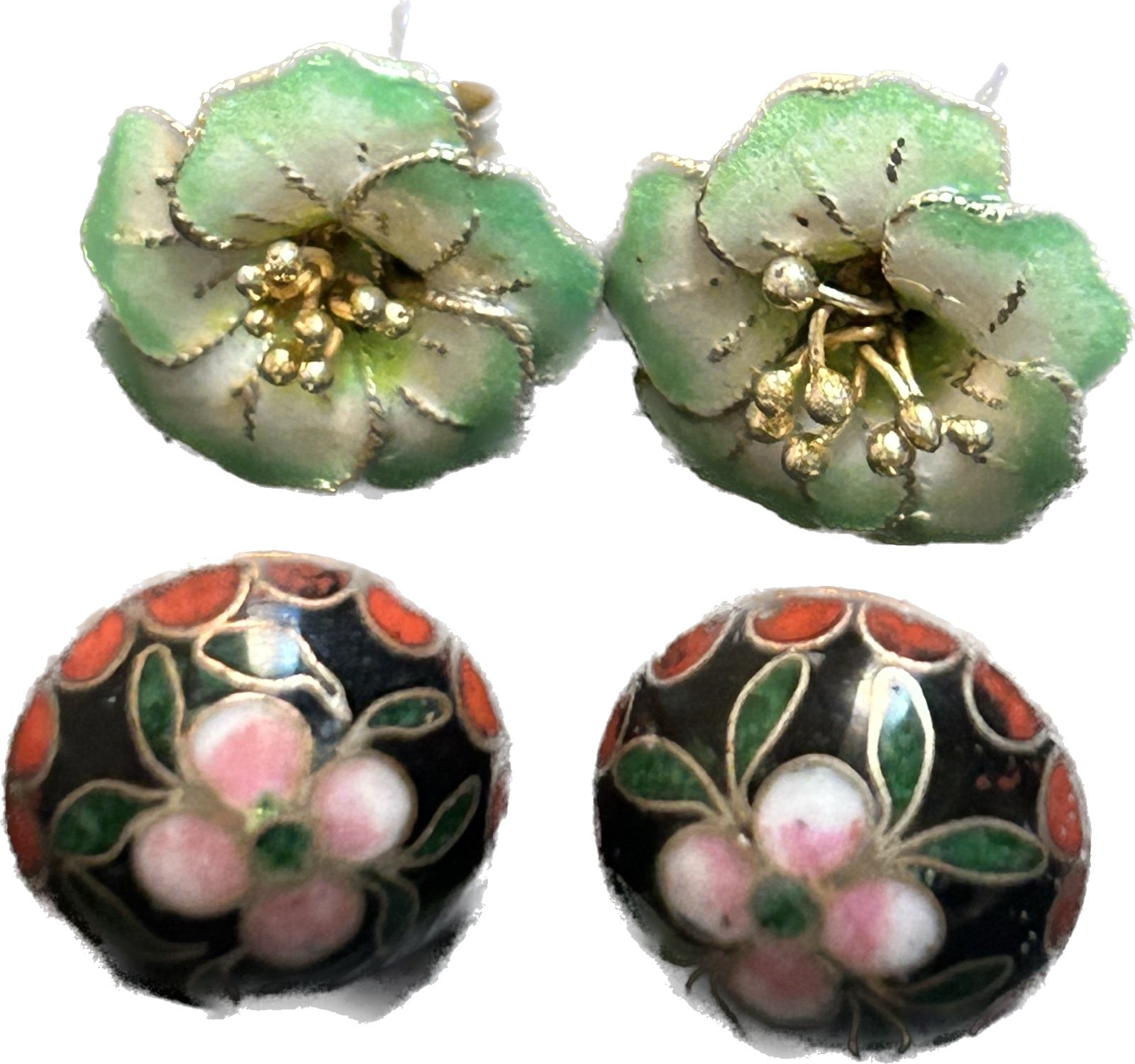 Vintage Green Enamel Spring 3D Flower Floral Stud Post earrings lot 2 pair
