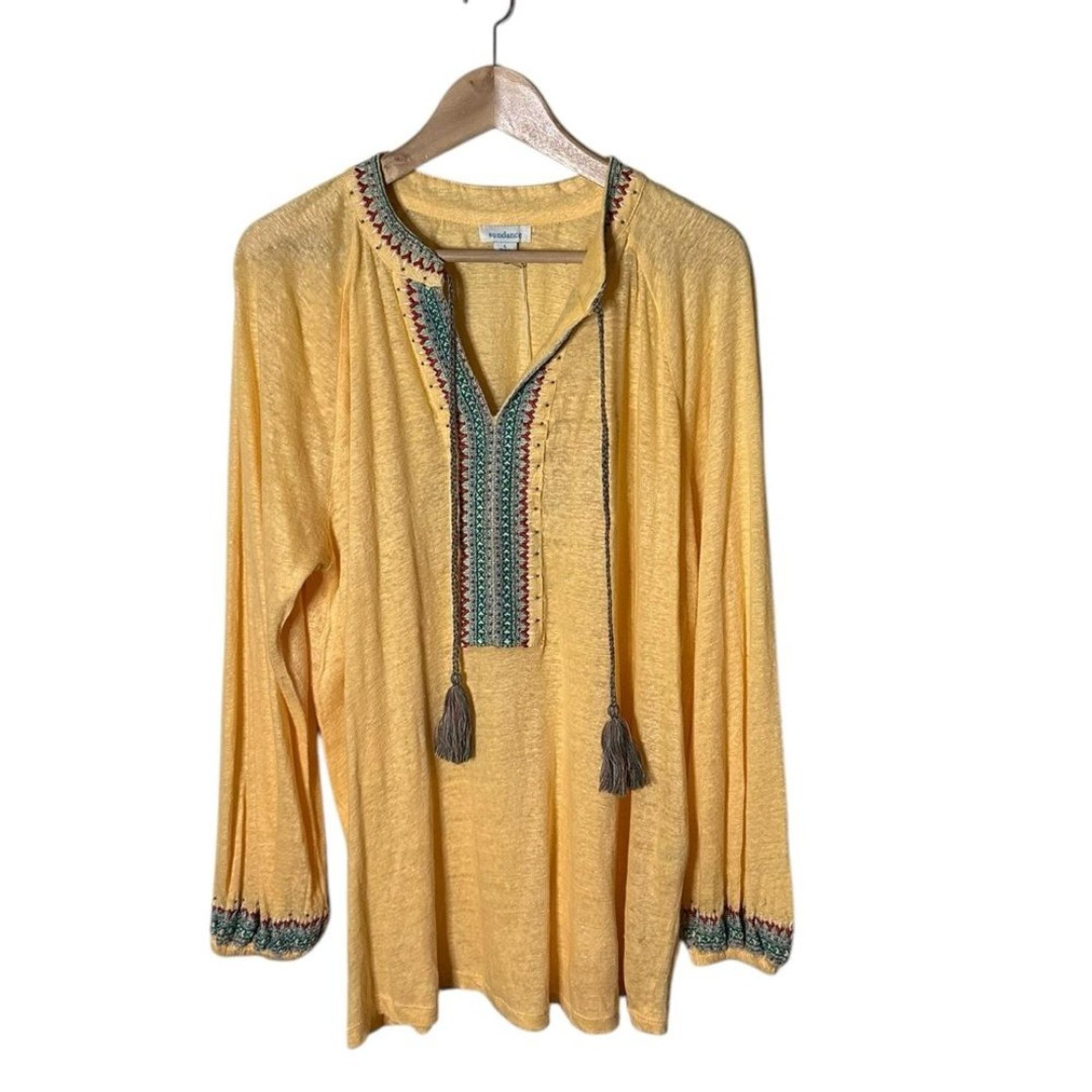 Sundance Yellow Linen Embroidered Boho Beaded Long Sleeve Tunic Top Size L NWT