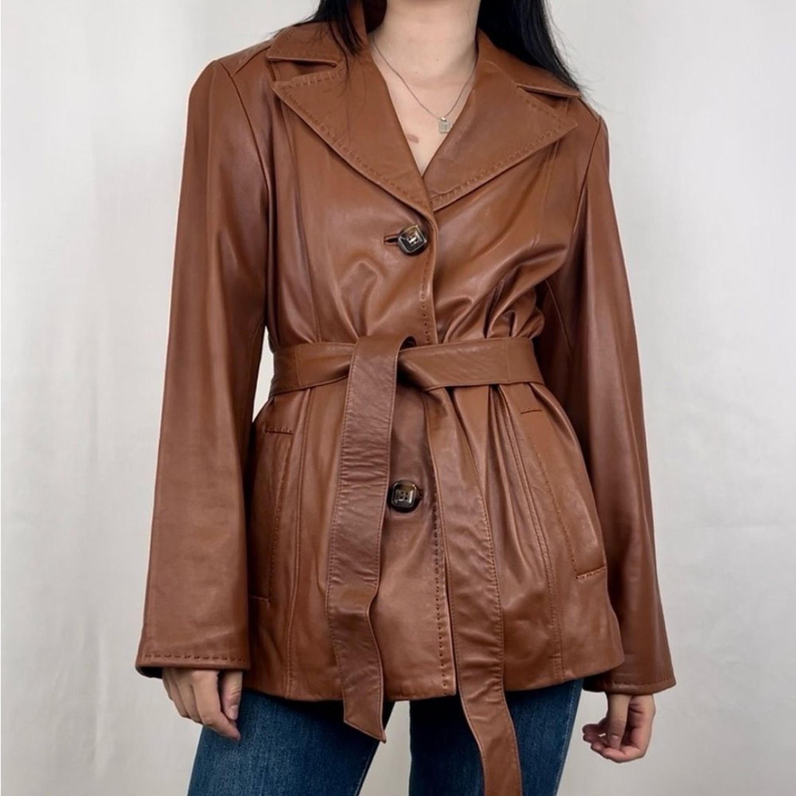 Collection Ellen Tracy Brown Genuine Soft Leather Belted Trench Coat