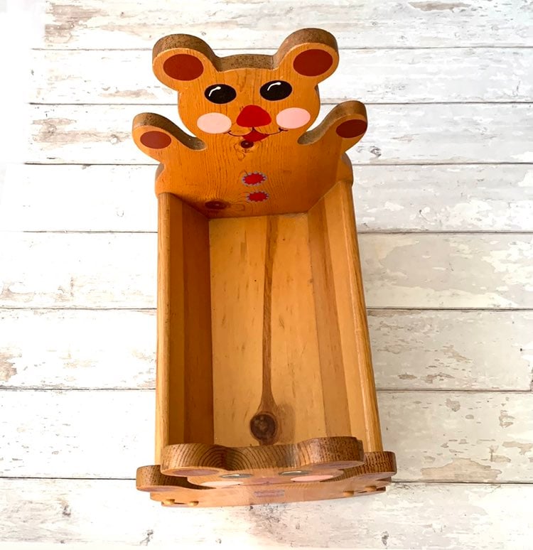 Vintage Wooden Teddy Bear Handmade Baby Doll Bed Kids Wood Toys 16in Long