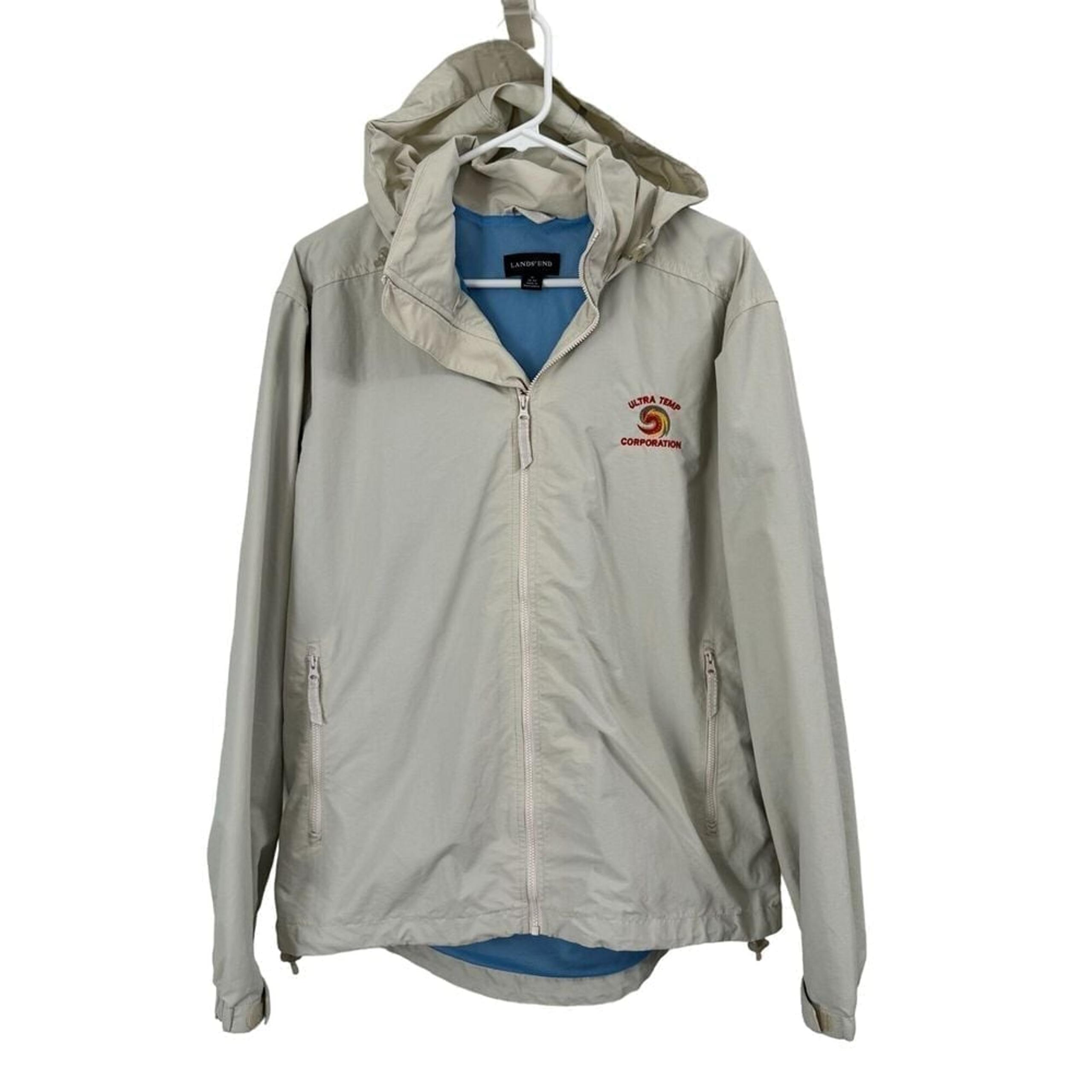 Lands End Raincoat Jacket Mens M Cream Hooded Full Zip Pockets Waterproof Lined