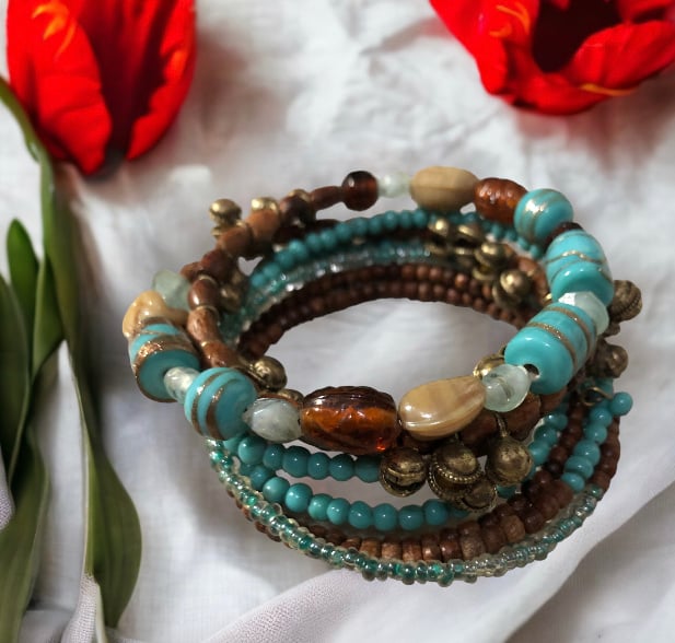 Turquoise bohemian bead and natural stone bracelet