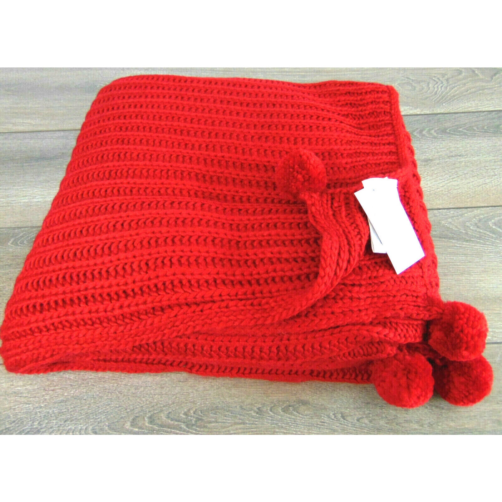 NEW Chunky Cable Knit POM POM THROW BLANKET Red 50x60 Cozy by Peking Handicraft