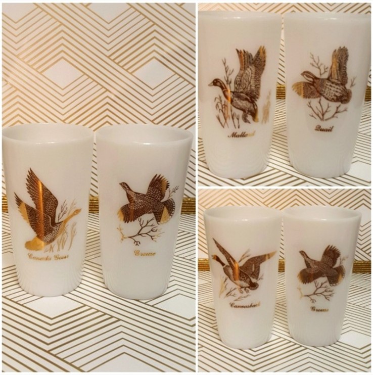 Vintage Federal Milk Glass 22 carat Gold Game Bird Glasses