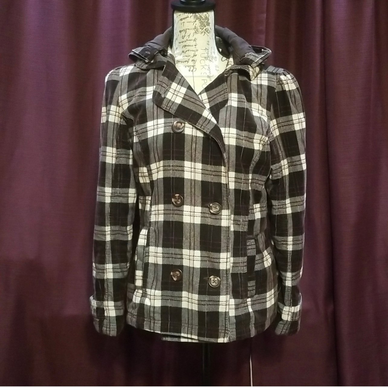 Disneyland Resort Brown and Cream Plaid Hooded Coat • Size M