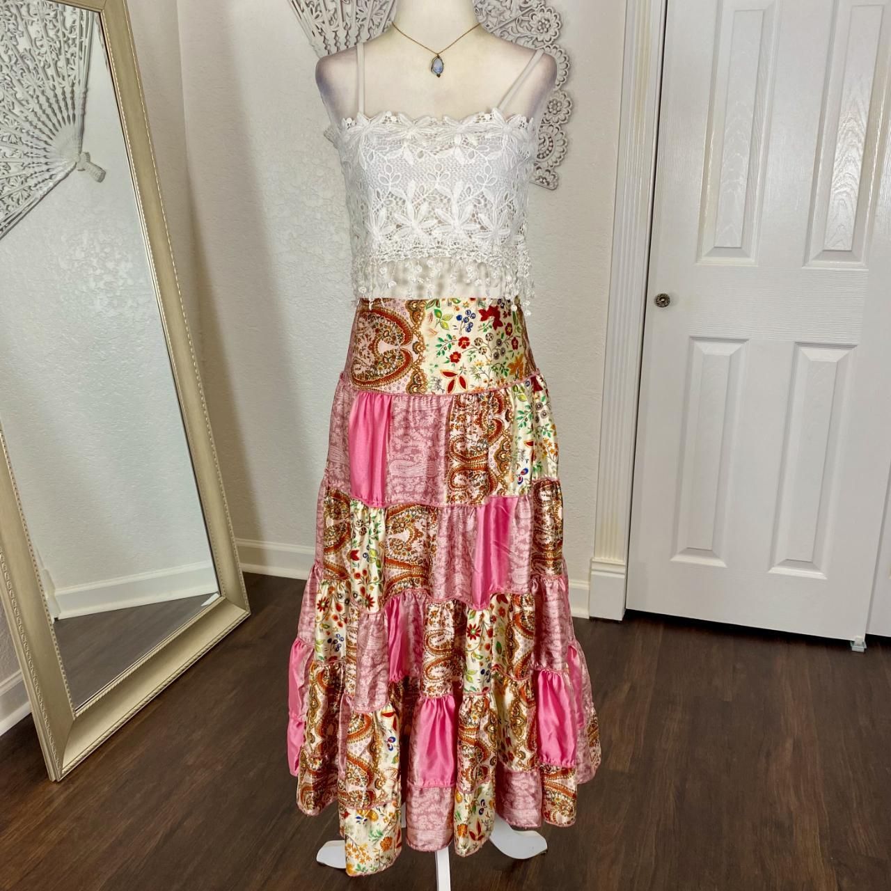 Naf Naf Y2K Fairy Pink Multi Color Paisley Flower Patchwork Midi Maxi Skirt 40 L