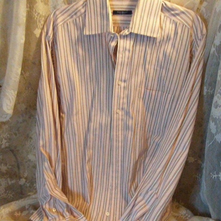great item Burberry men long sleeve stripe pink brown button dress shirt sz 15.5