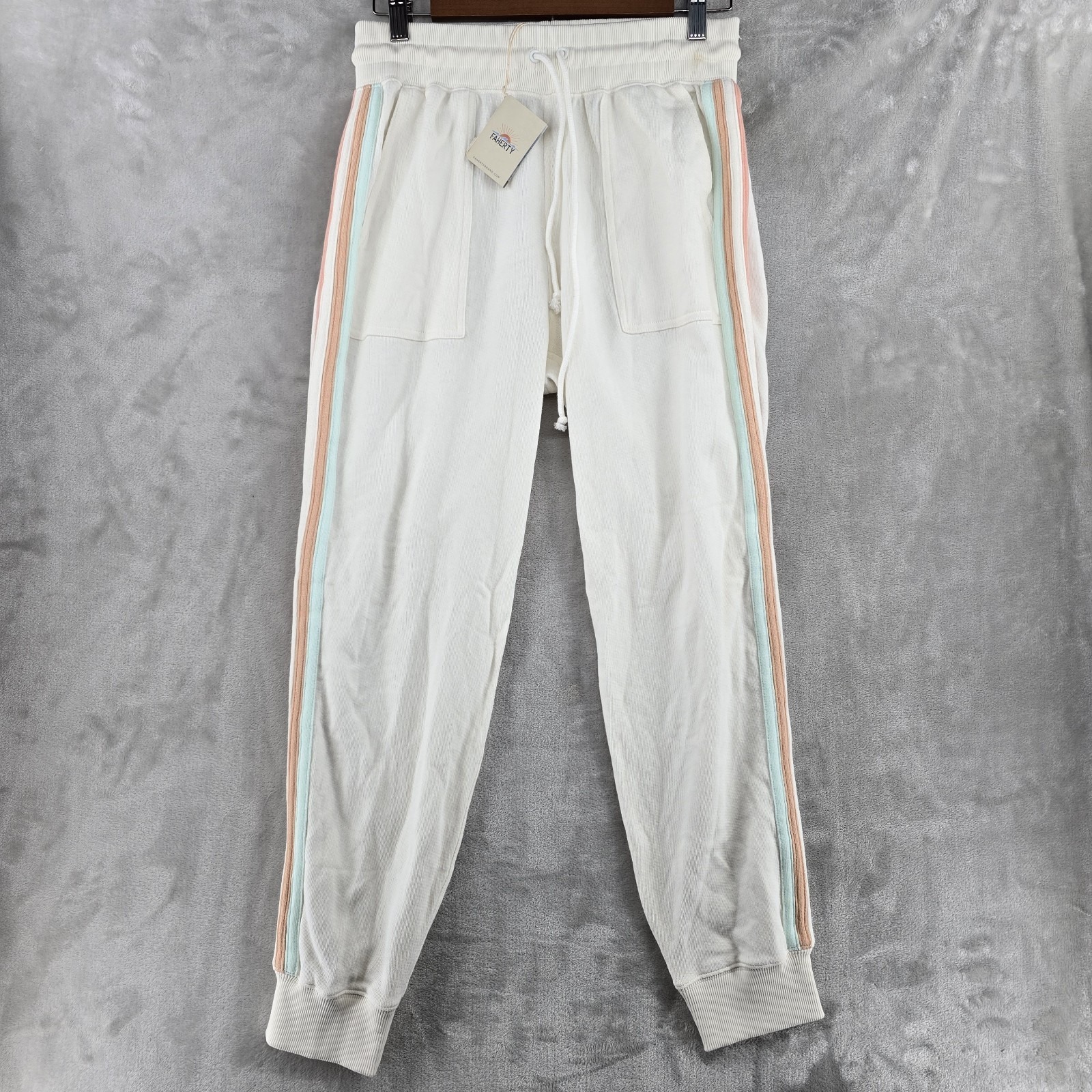 Faherty Womens Medium Molli Jogger Pants Cream Pastel Stripes Cotton New