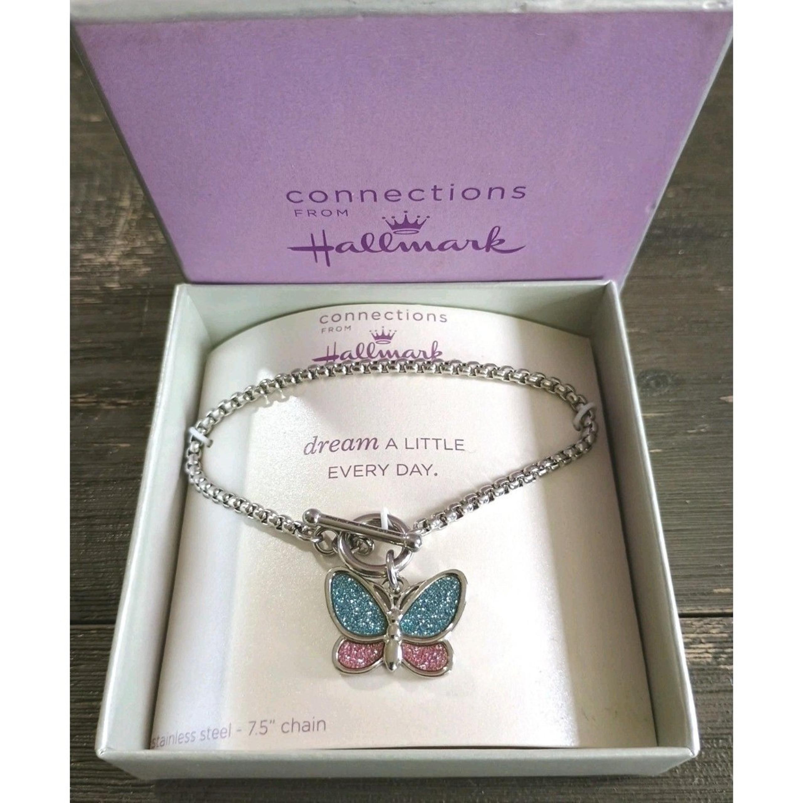 Hallmark Connections Blue Pink Sparkle Butterfly Stainless Steel Bracelet New