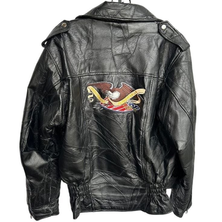 Vintage Patchwork Black Leather Embroidered Eagle Moto Jacket Size Small