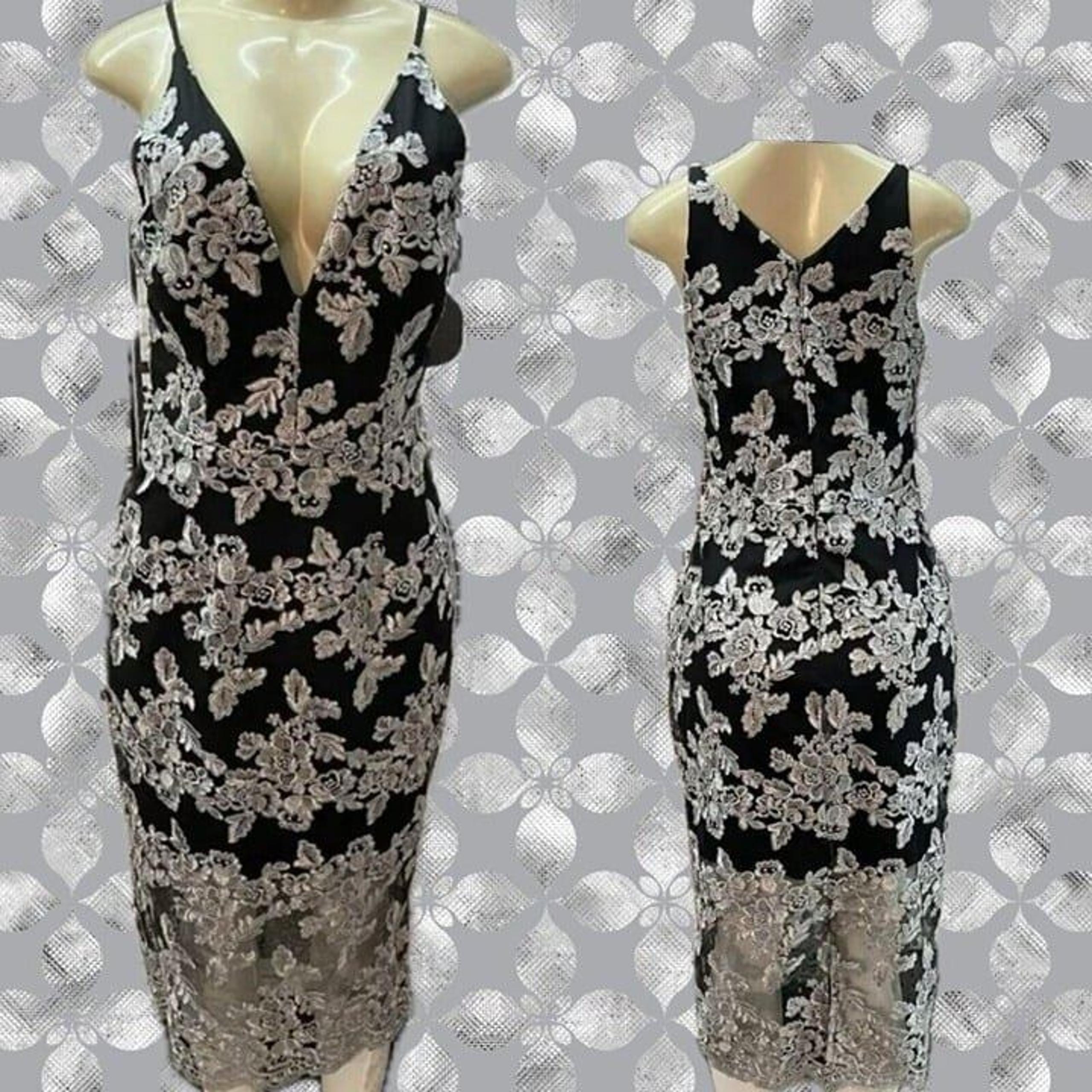 Xscape 8 Black-Silver Embroidered Floral Lace Sheer Hemline Midi Evening Dress