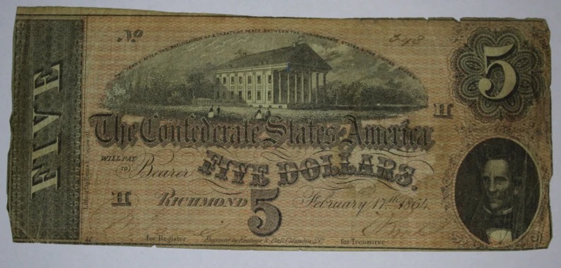 1864 5 dollar Confederate Civil War Note