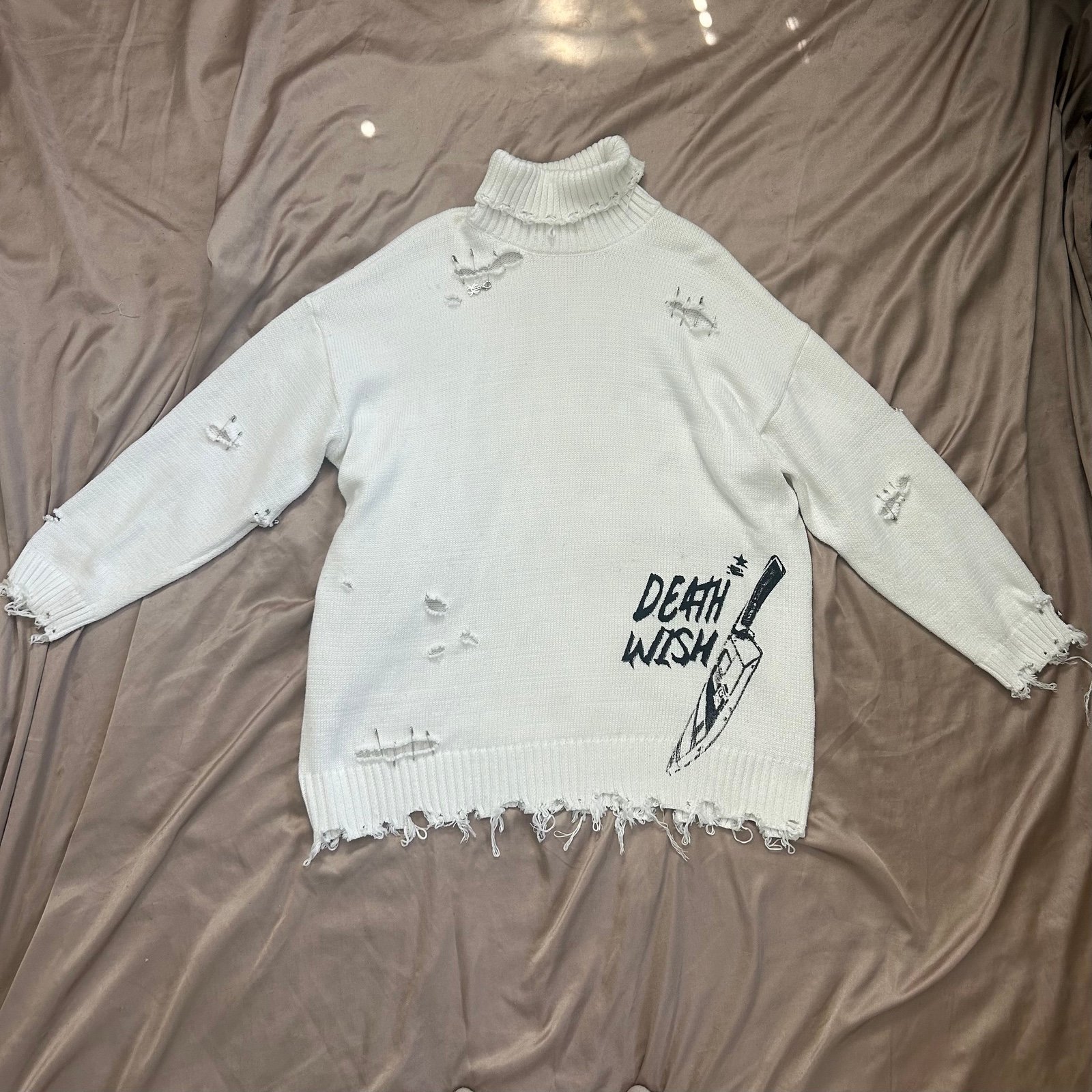 White Distressed Oversized Turtle Neck