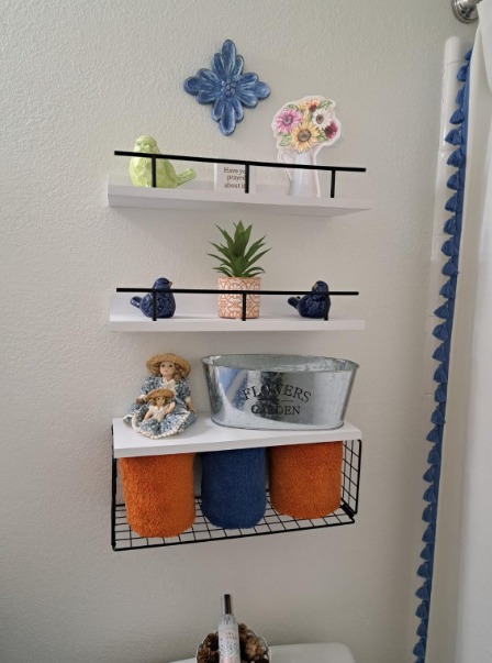 Floating Shelves with Wire Storage Basket, Wall Mounted Bathroom Shelves