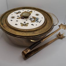 VINTAGE 1960's Georges Briard Fire King Covered Casserole in Brass and Gold