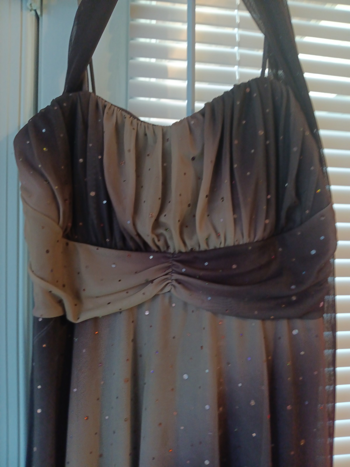Brown dress, length right under knee with scarf, shiny