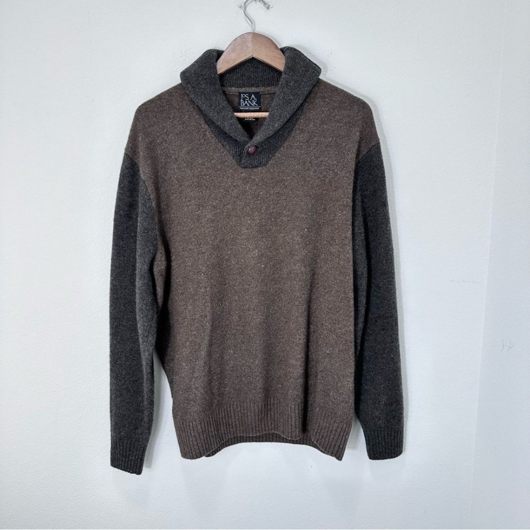 Jos A. Bank Shawl Neck Brown and Dark Grey Lambswool Sweater Size Large