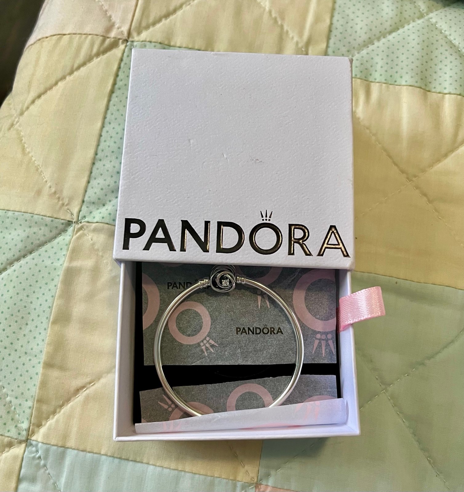 Pandora Moments encircled rose clasp sterling silver cz bangle bracelet