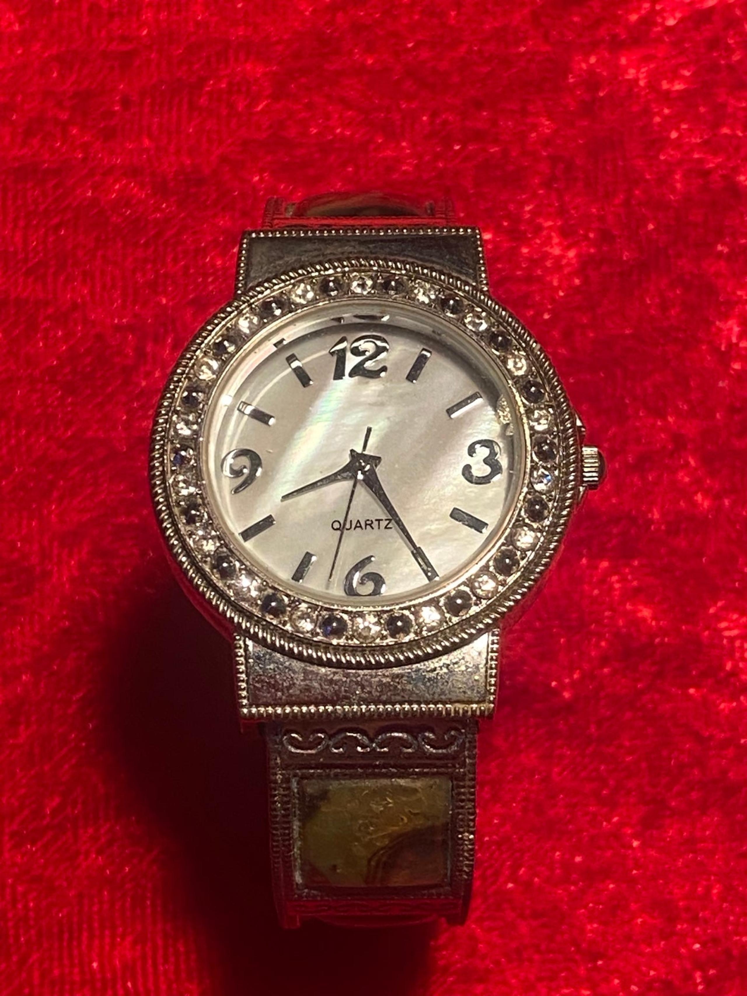 Quartz Rhinestone and Pearl Bangle Band Watch