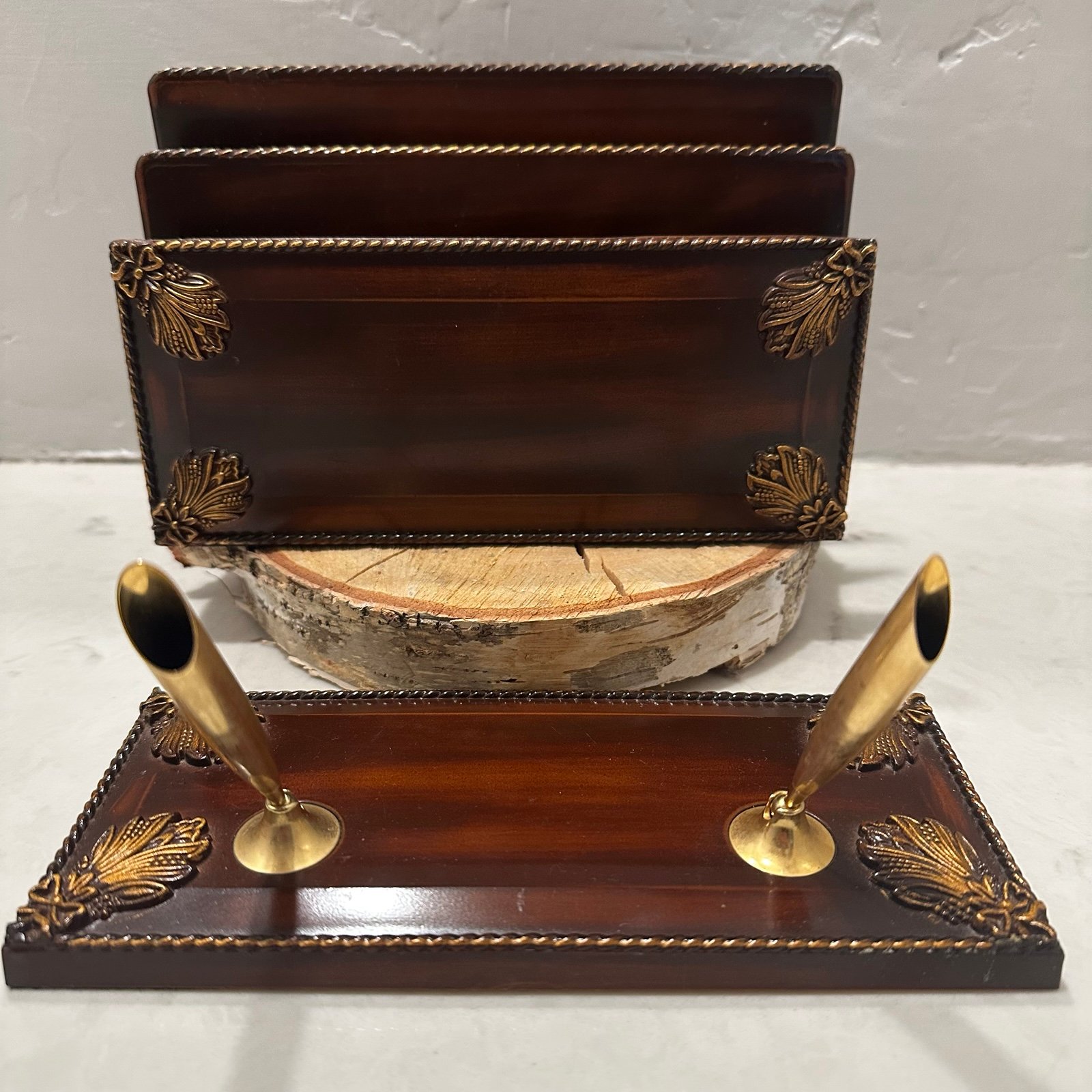 Mid Century Desk Organizer Set Wood Gold Embossed Accents