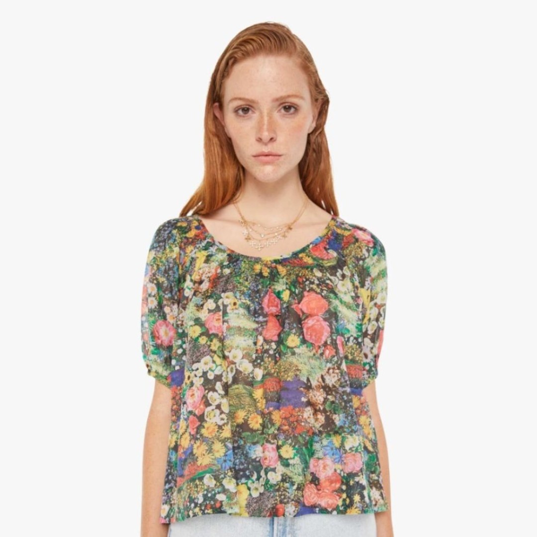 MOTHER large garden party peasant blouse pretty as a picture floral green cotton
