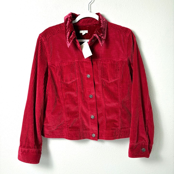J Jill Corduroy Jacket Petite L LP Red Button Front Velvet Collar Cotton NWT