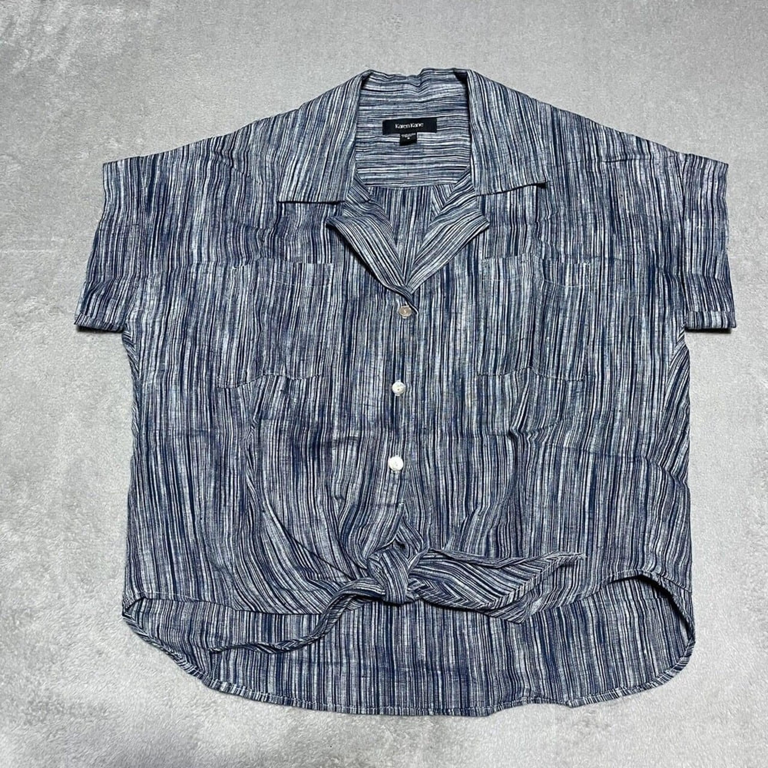 Karen Kane Top Womens Small Linen Blouse Blue Tie Front Button Down Short Sleeve