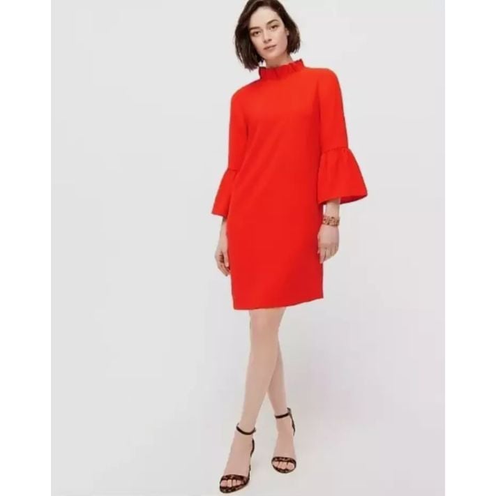 J. Crew Ruffle Neck Shift Dress 365 Crepe Orange Women's Size 16 Bell Sleeve NWT