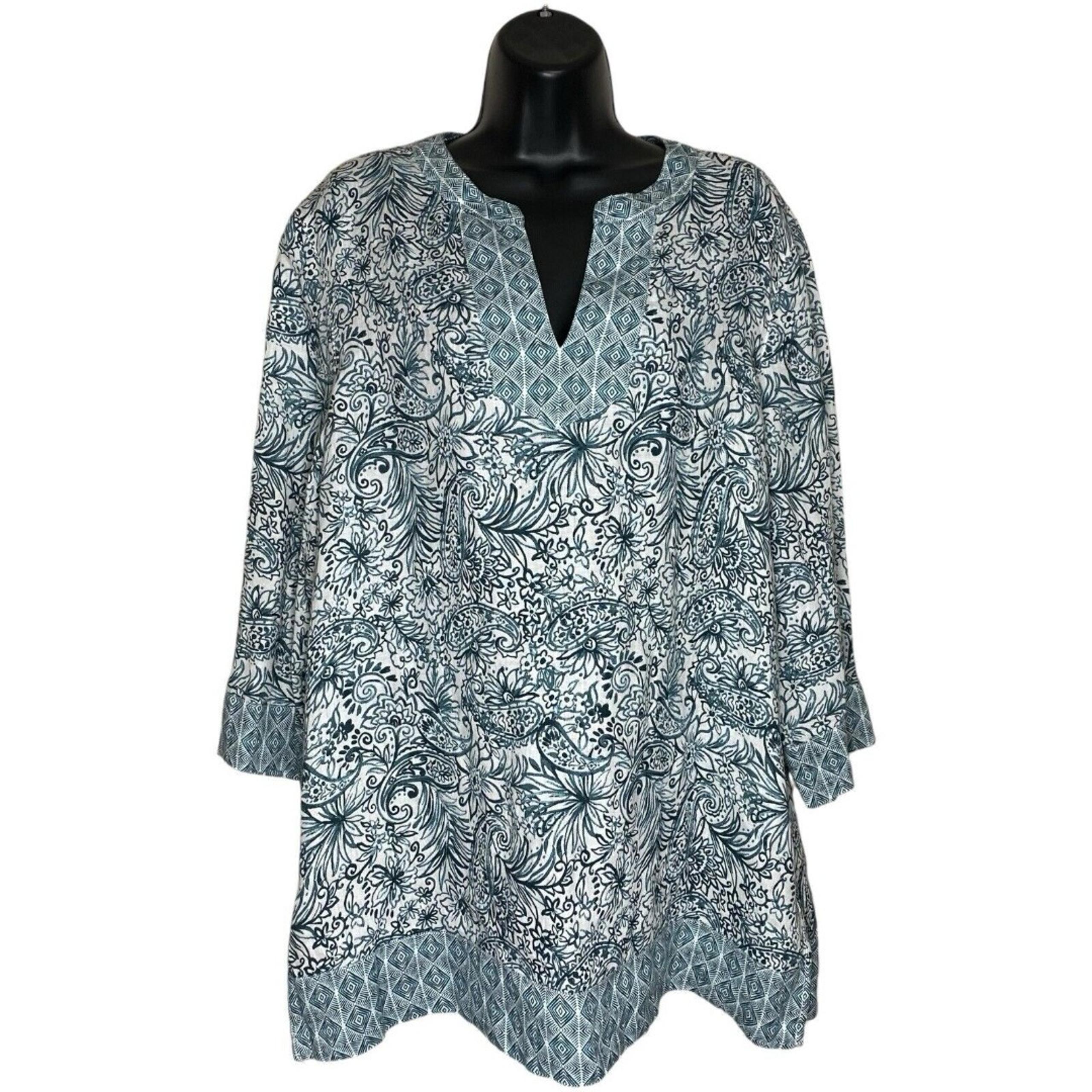 Sigrid Olsen 100% Linen Shirt Womens L Pullover Tunic V-Neck Boho Coastal Floral