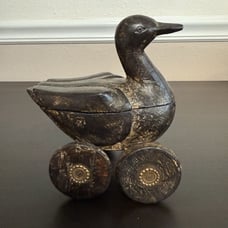 Antique Wooden Duck on Wheels Trinket Box Hidden Compartment Brass Wood Snuff