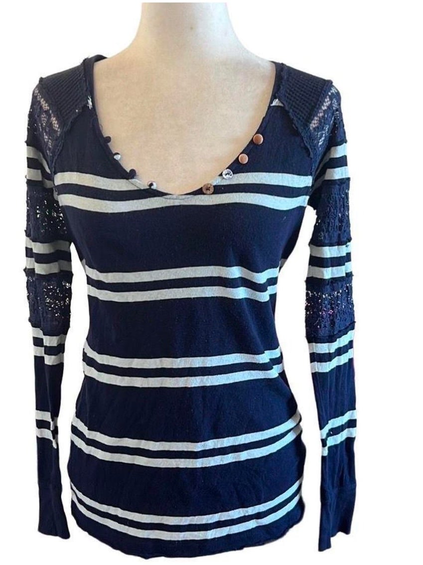 We The Free Blue And White Long Sleeve Top. Medium. Lace, Waffle knit Detail.